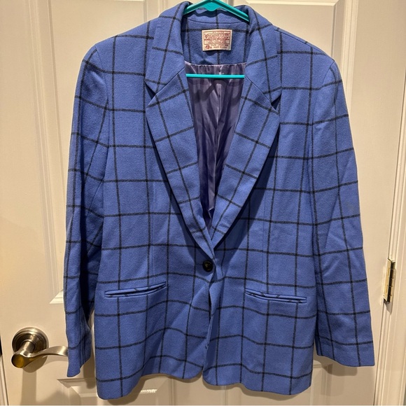 VTG 100% virgin wool Pendleton Womens Jacket Blue Vintage Windowpane Check Print - Picture 1 of 14